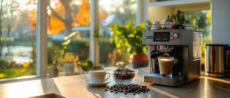 Coffee Machine Making Espresso On Kitchen Counter Near Window photo