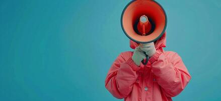 Woman Holding Pink Megaphone in Front of Face Against Blue Background photo