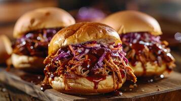Close Up of Delicious Pulled Pork Sandwiches With Coleslaw on a Wooden Cutting Board photo