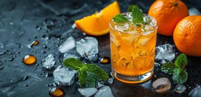 Refreshing Orange Drink With Ice and Mint on Black Background photo