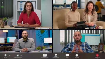 Employee talking on call with diverse colleagues, multiracial coworkers employees have webcam conference using modern app, engaged in web online briefing, footage with software overlay video