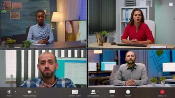 Team working by group call share ideas brainstorming, negotiating use conference, pc screen view multi ethnic young people, application advertisement easy and comfortable usage concept video