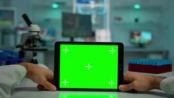 Pov shot of microbiologist holding tablet with green chroma key display sitting at desk working reading virus symptoms. In background lab researcher analysing vaccine developent examining samples video