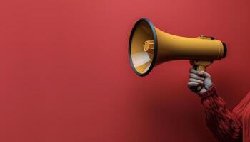 Yellow Megaphone Held By Hand Against Red Background photo