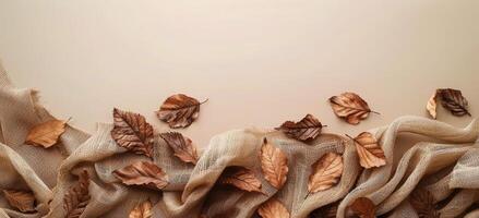 Dried Autumn Leaves Frame on Rustic Burlap Fabric Background photo