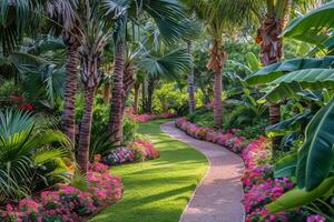 Winding Brick Pathway Through Lush Tropical Garden With Palm Trees photo
