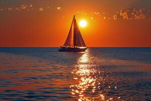 Sailboat at Sunset on Calm Ocean Water photo