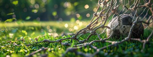 Soccer Ball Resting in Green Grass Near Goal Net on Sunny Day photo