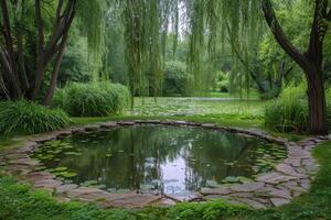 Tranquil Pond With Lush Green Foliage and Stone Stepping Stones in a Sunny Park photo