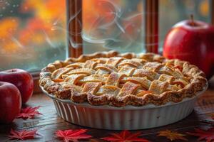 Apple Pie on Windowsill With Autumn Leaves photo