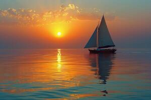 Sailboat at Sunset on Calm Ocean Water photo