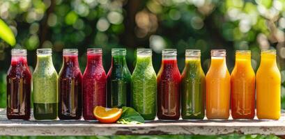 Colorful Glass Bottles of Juice Lined Up on Wooden Table With Green Plants in Background photo