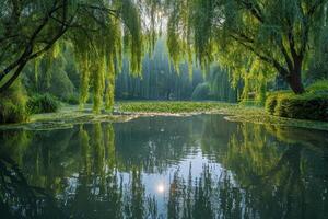 Tranquil Pond With Lush Green Foliage and Stone Stepping Stones in a Sunny Park photo