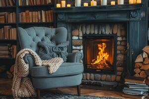 Cozy Armchair By The Fireplace On A Snowy Day photo
