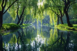 Tranquil Pond With Lush Green Foliage and Stone Stepping Stones in a Sunny Park photo