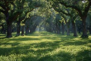 Sunlit Pathway Through Green Tree Canopy in a Lush Park photo