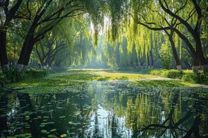 Tranquil Pond With Lush Green Foliage and Stone Stepping Stones in a Sunny Park photo