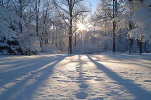 Snow-Covered Driveway in Suburban Neighborhood During Winter Sunrise photo