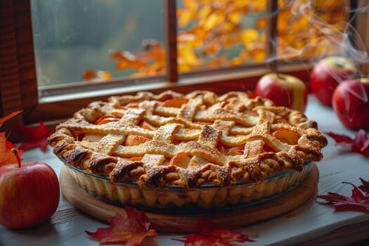 Apple Pie on Windowsill With Autumn Leaves photo