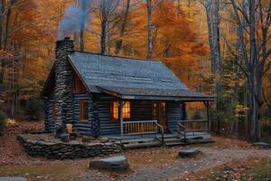 Autumn Cabin With Smoke Rising From Chimney In The Woods photo