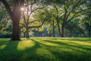 Sunlit Pathway Through Green Tree Canopy in a Lush Park photo