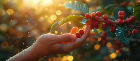 A Handful of Ripe Coffee Berries Harvested From a Bush in the Morning Sunlight photo