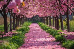 Pink Cherry Blossom Trees Line a Sunny Garden Path photo