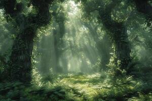 Sunbeams Through a Lush, Green Forest photo