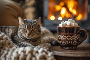 Cozy Winter Day by the Fireplace With Hot Chocolate and a Cat photo