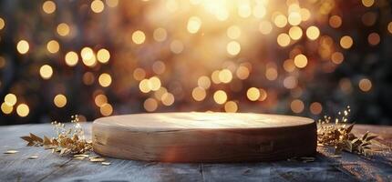 Wooden Round Tabletop With Golden Bokeh Lights Background photo