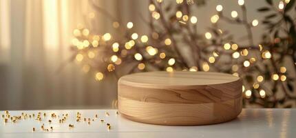 Wooden Round Tabletop With Golden Bokeh Lights Background photo
