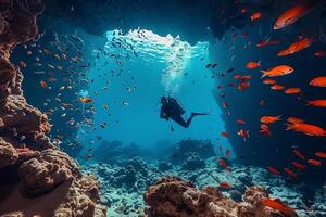 Underwater Scuba Diver Exploring a Coral Reef Cave With Schools of Fish photo