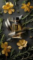 Glass Bottle of Perfume Surrounded by Yellow Flowers and Rosemary Sprigs photo