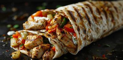 cerca arriba de A la parrilla pollo y vegetal envolver en un negro plato foto