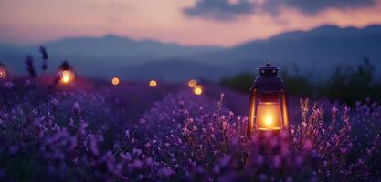 A Single Lantern Glowing In A Field Of Lavender At Sunset photo