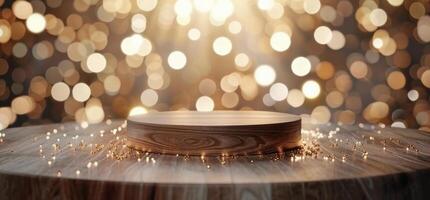 Wooden Round Tabletop With Golden Bokeh Lights Background photo
