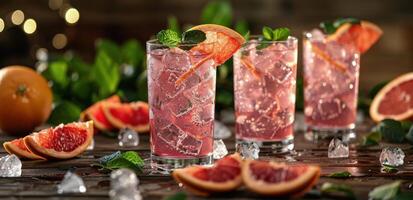 Refreshing Grapefruit Cocktails With Mint and Ice on Wooden Table photo