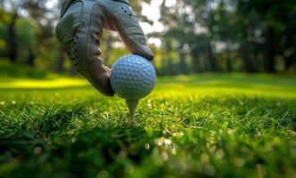 A Gloved Hand Holding A Red Golf Ball Near A Red Tee On A Green Grass Course photo