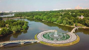 Bird's-eye view.Creative.A beautiful summer landscape from a height where you can see a monument, a summer forest, a bridge, beautiful summer trees with green petals and a road with ashins video