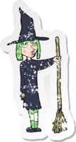 retro distressed sticker of a cartoon witch drawing png