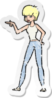 retro distressed sticker of a cartoon woman pointing drawing png