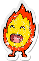 retro distressed sticker of a cartoon flame character drawing png