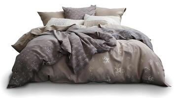 home comforter set on a bed with white and gray pillows photo