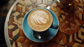 artful coffee latte with foam design on a table, accompanied by a silver spoon, against a backdrop of brown and white tiles photo