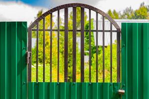 Fragment of metal lattice gates against the background of a green trees photo