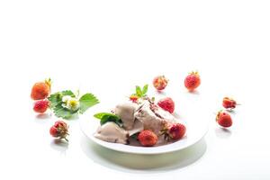 fresh organic cottage cheese with strawberries and ice cream in a plate photo