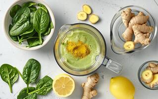 Fresh green smoothie ingredients, including spinach, ginger, banana, and lemon, are arranged on a light kitchen counter in glass bowls beside a blender, ready to be mixed into a nutritious drink photo