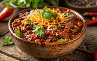 A Hearty Bowl of Leftover Turkey Chili With Cheese and Cilantro on a Rustic Table photo