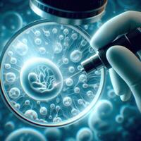 The IVF sperm research process involves examining sperm under a microscope for a test tube baby procedure. photo