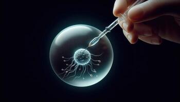 closeup of a human egg being injected with a single sperm using a fine glass needle IVF medical procedure involving in vitro fertilization photo